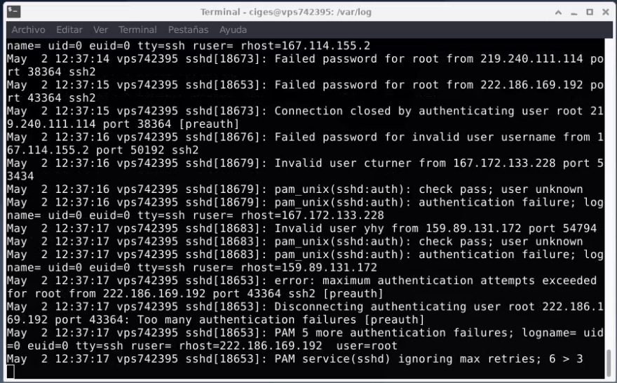 auth.log, being updated continually as the attacker is trying to guess the user and password